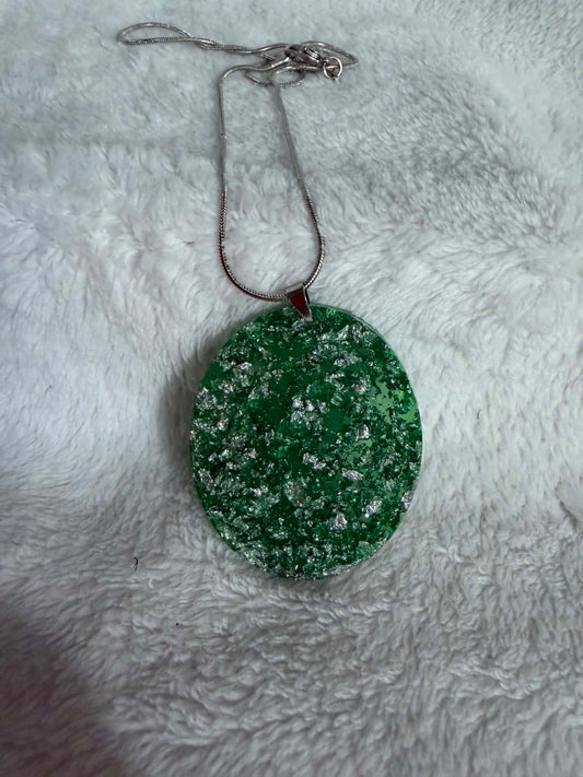 Emerald Green & Silver Foil Oval Resin Pendant Necklace
