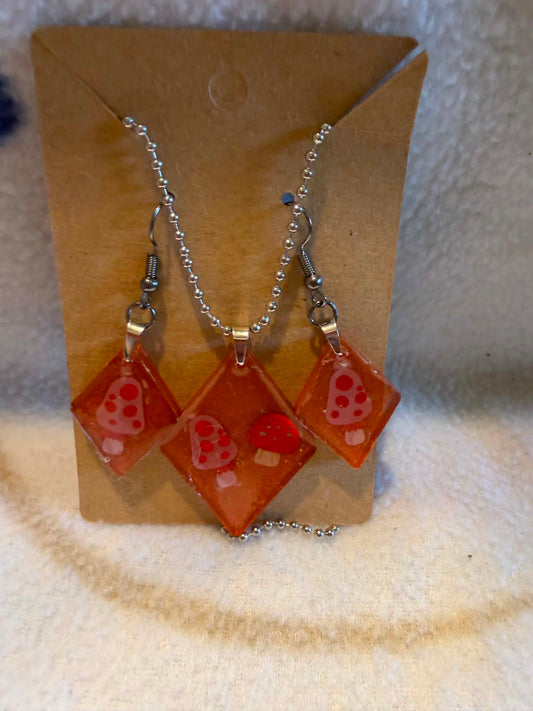 Rustic Orange Mushroom Diamond Resin Jewelry Set