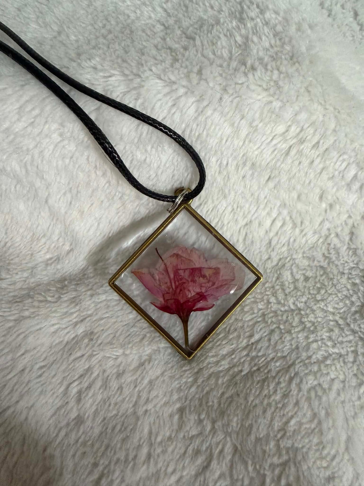 Pressed Rosebud Resin Diamond Bezel Pendant Necklace
