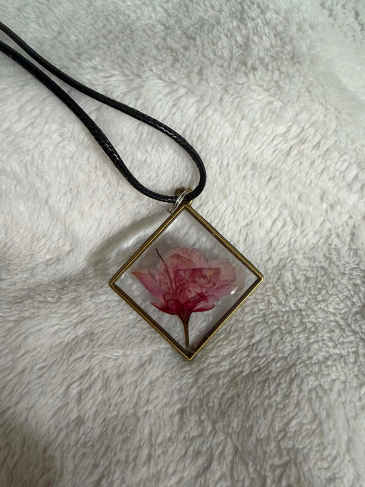 Pressed Rosebud Resin Diamond Bezel Pendant Necklace