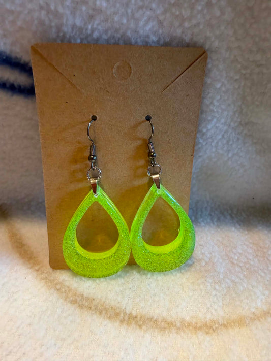 Neon Yellow Glitter Open Teardrop Resin Dangle Earrings