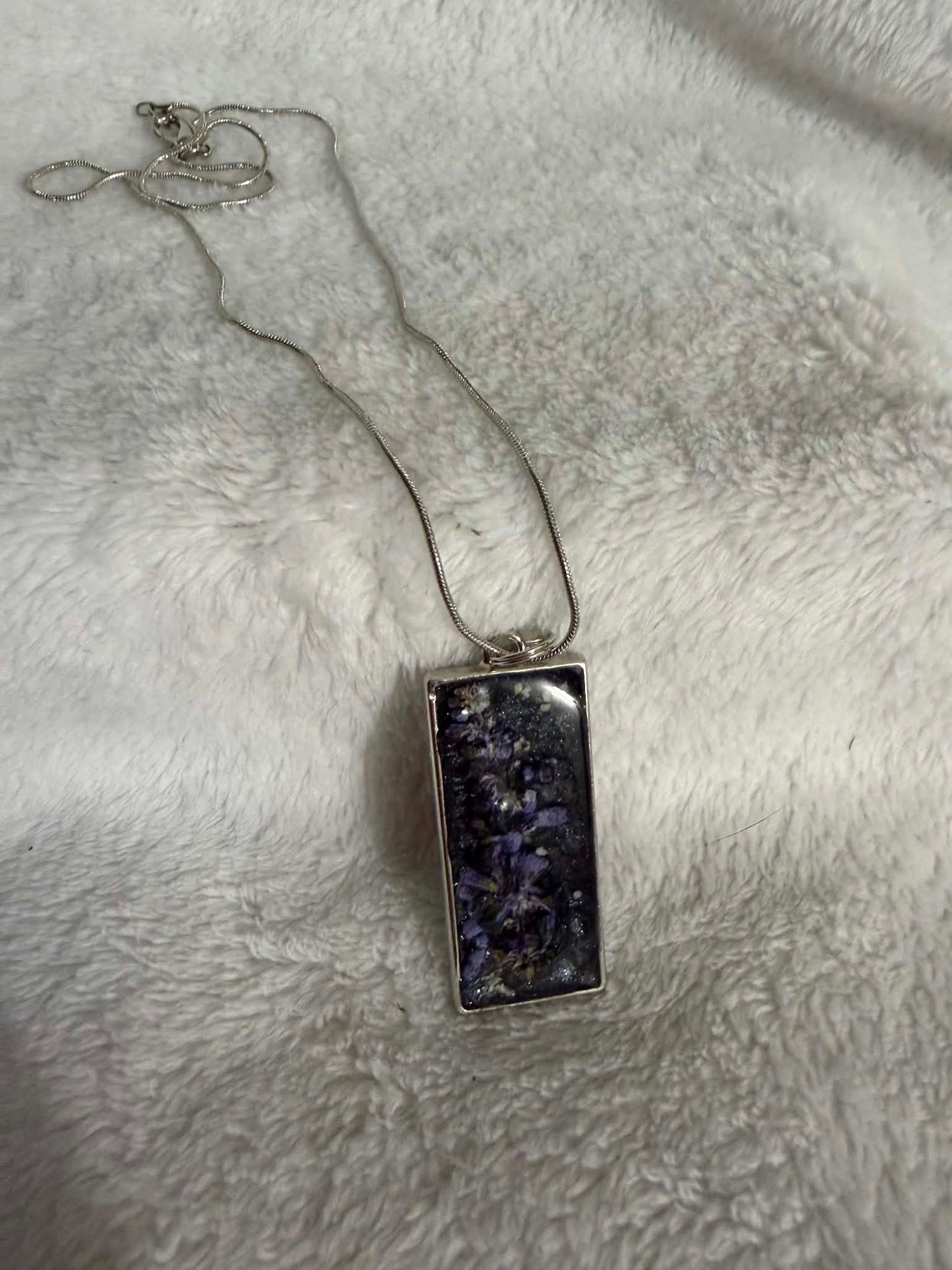 Pressed Larkspur Resin Rectangle Bezel Pendant Necklace