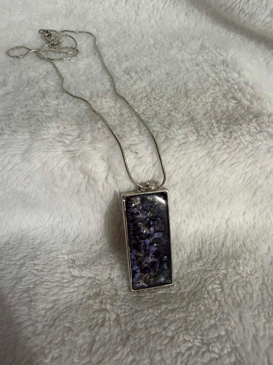 Pressed Larkspur Resin Rectangle Bezel Pendant Necklace