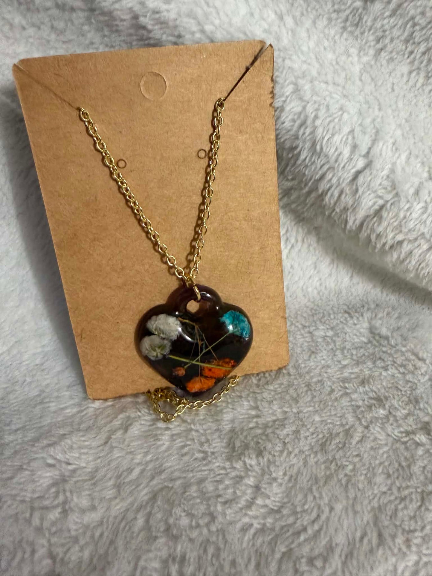 Dark Floral Heart Resin Pendant Necklace