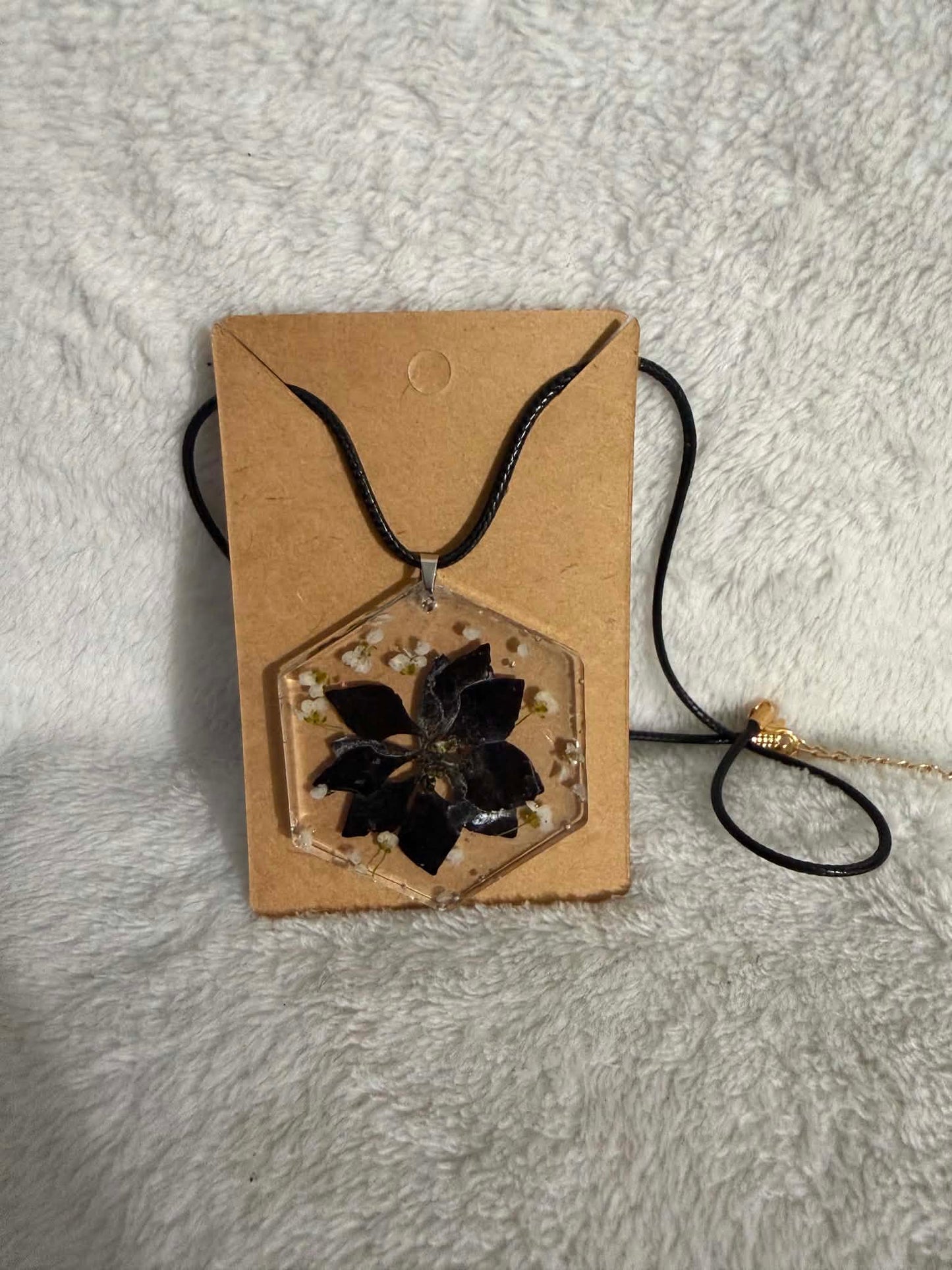 Pressed Pansy Resin Hexagon Pendant Necklace