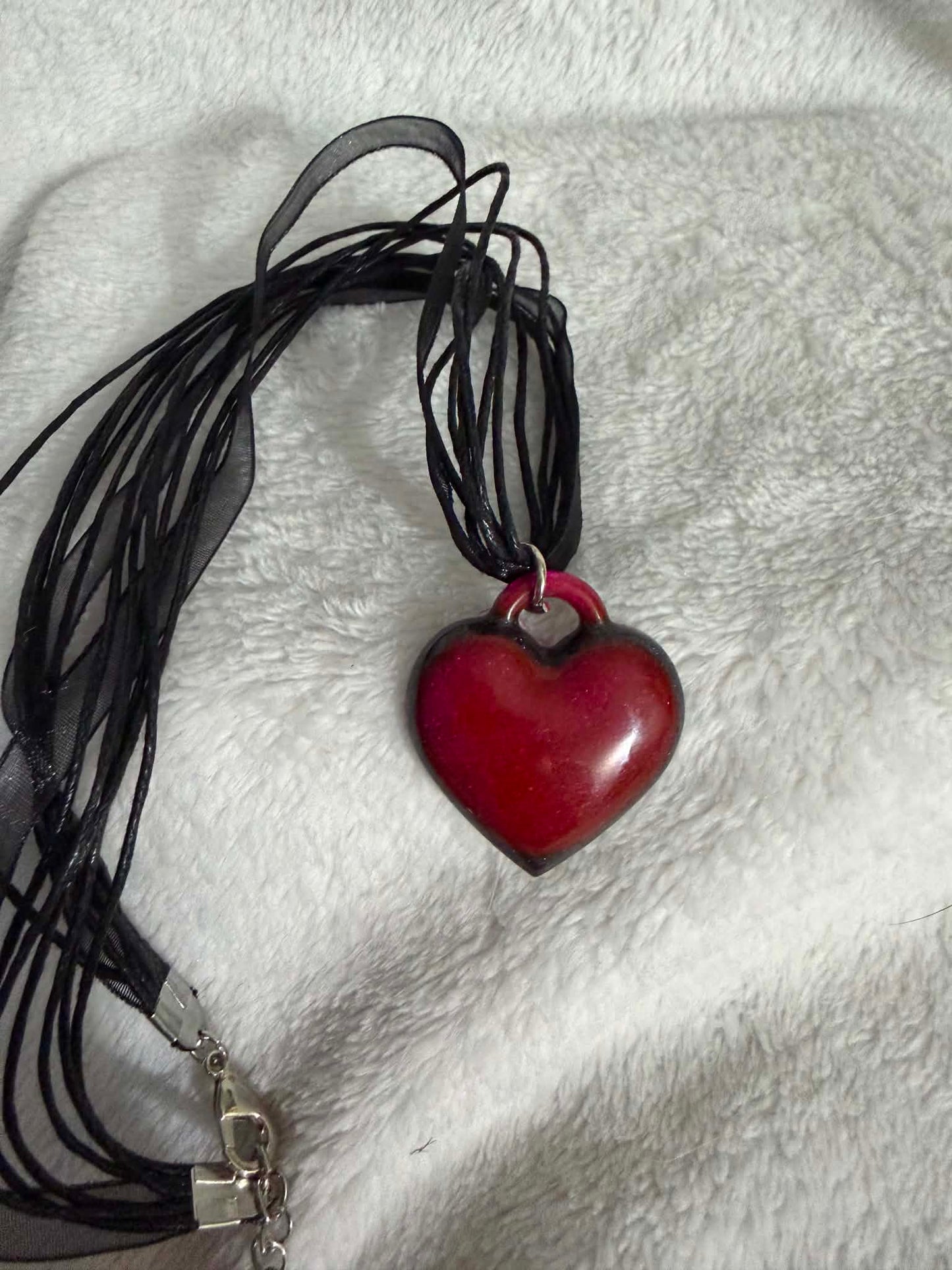 Whimsigoth Puffy Heart Resin Ribbon Necklace