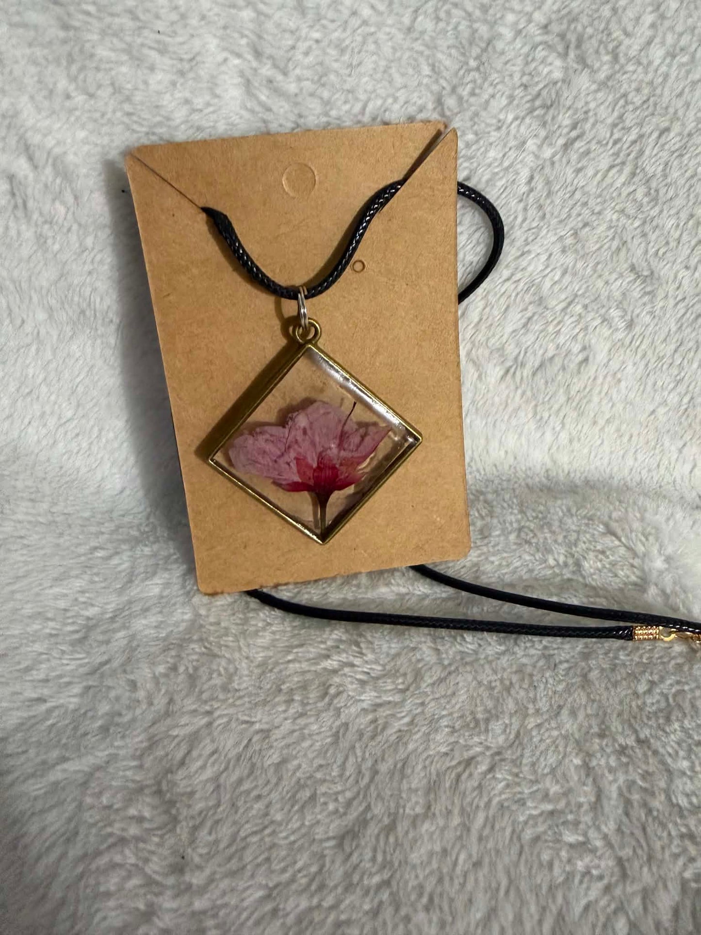 Pressed Rosebud Resin Diamond Bezel Pendant Necklace