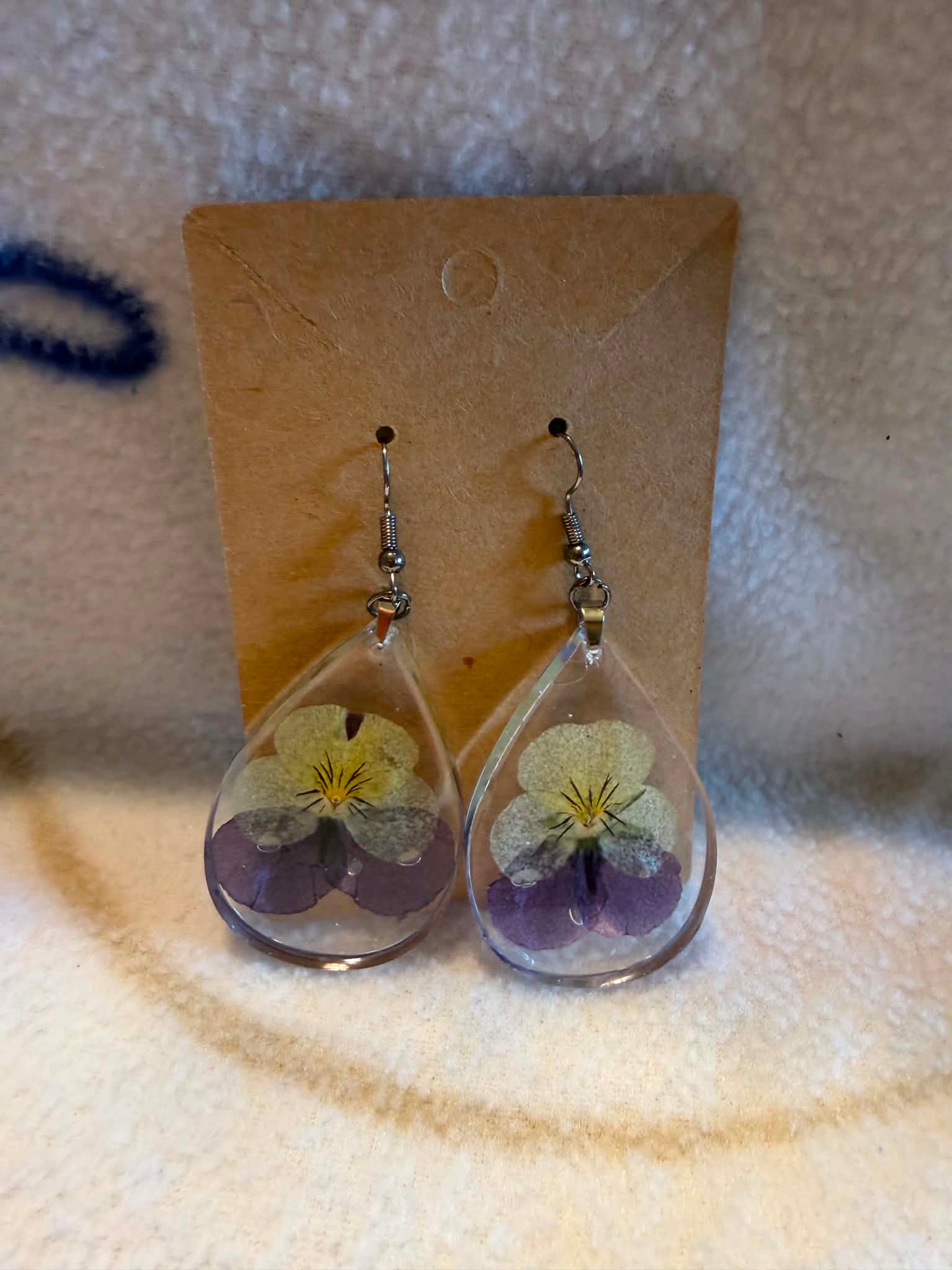 Pressed Viola Flower Teardrop Resin Dangle Earrings