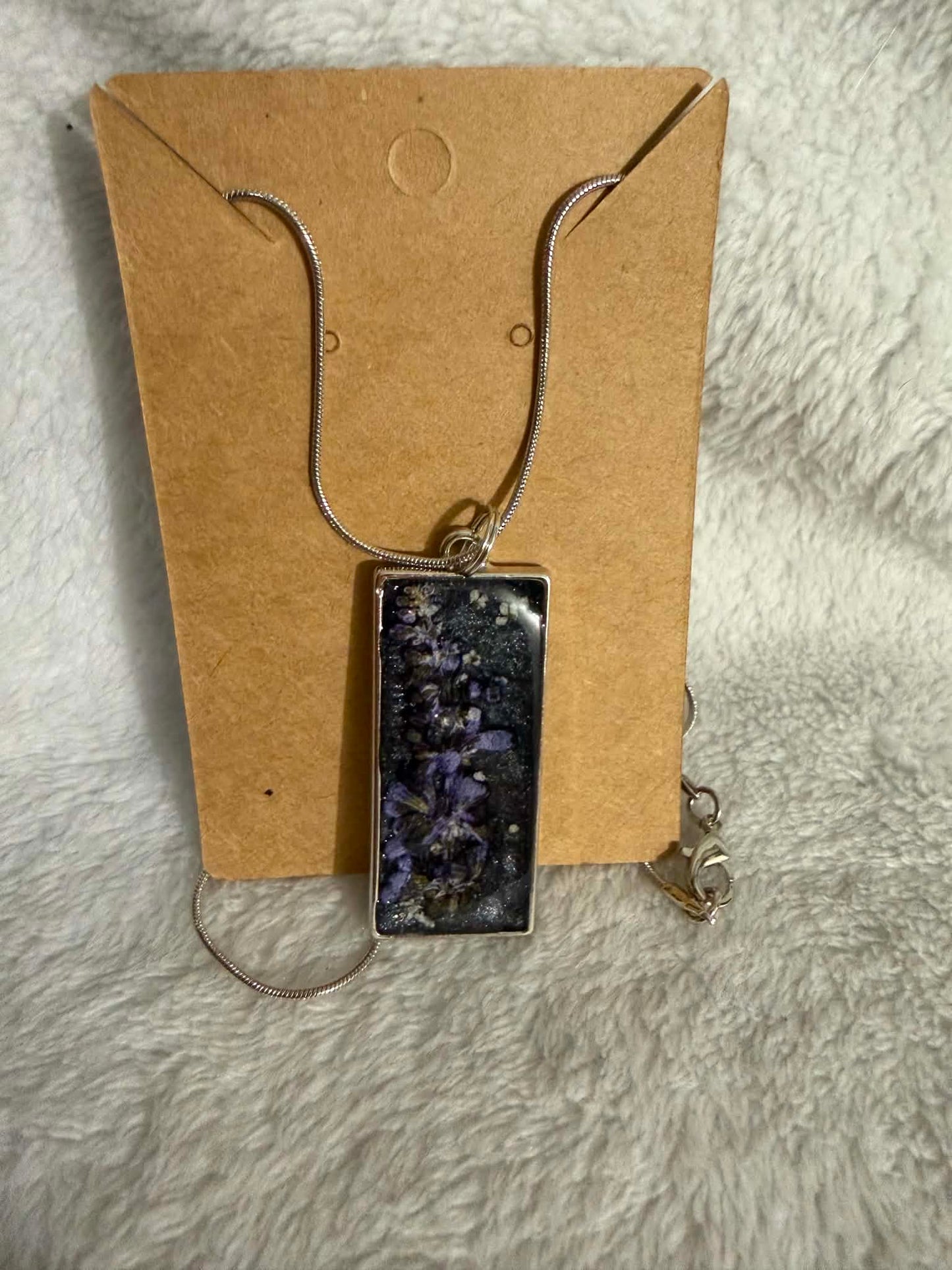 Pressed Larkspur Resin Rectangle Bezel Pendant Necklace