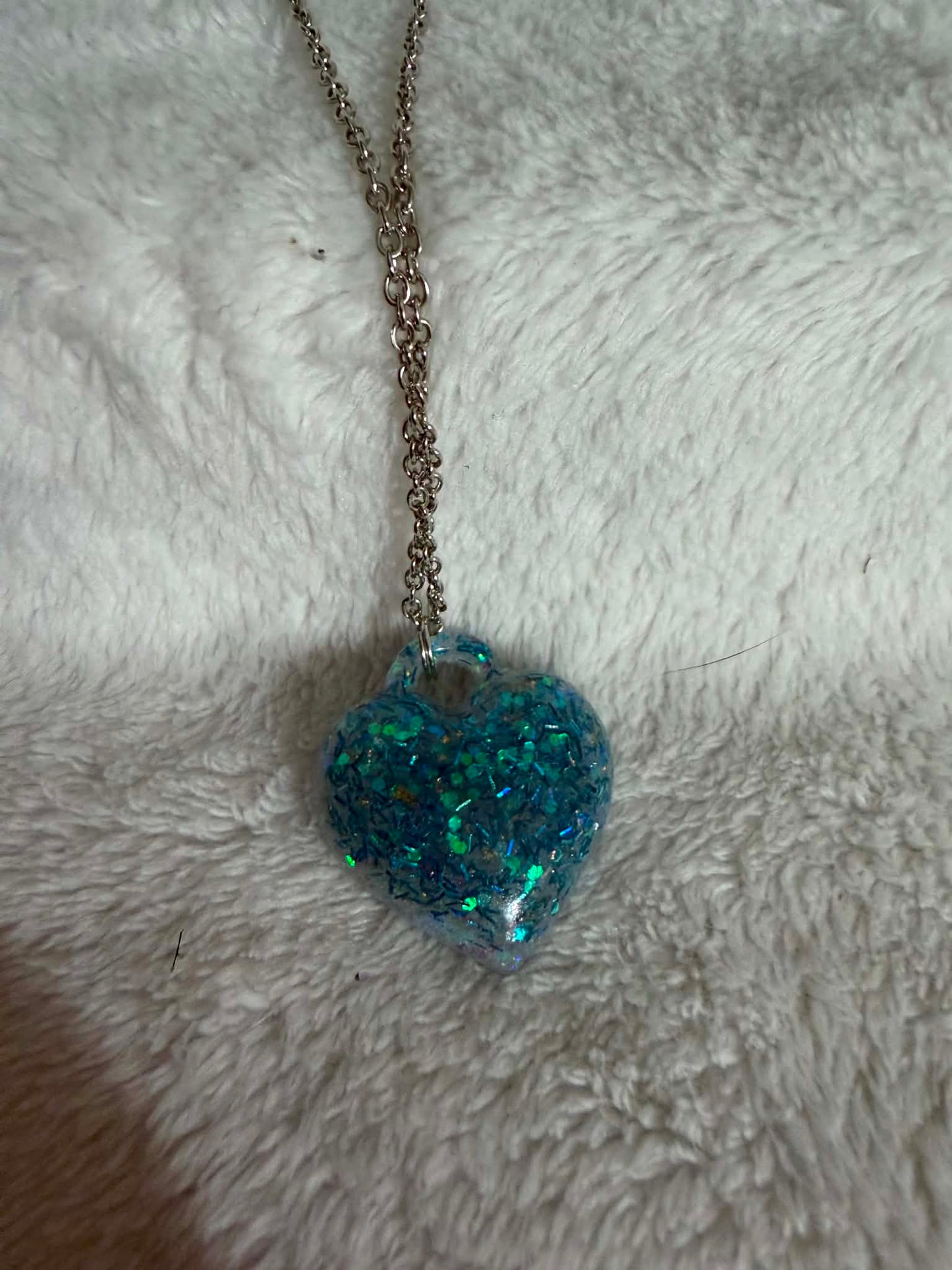 Blue & Green Glitter 3D Puffy Heart Resin Pendant Necklace