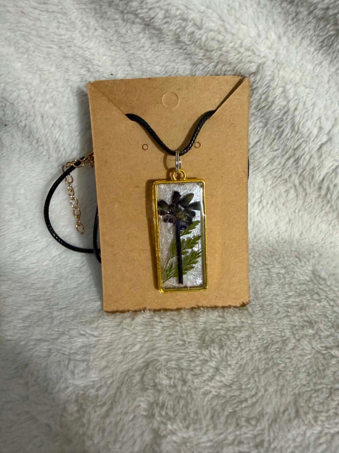 Black Wildflower & Fern Resin Rectangle Pendant Necklace