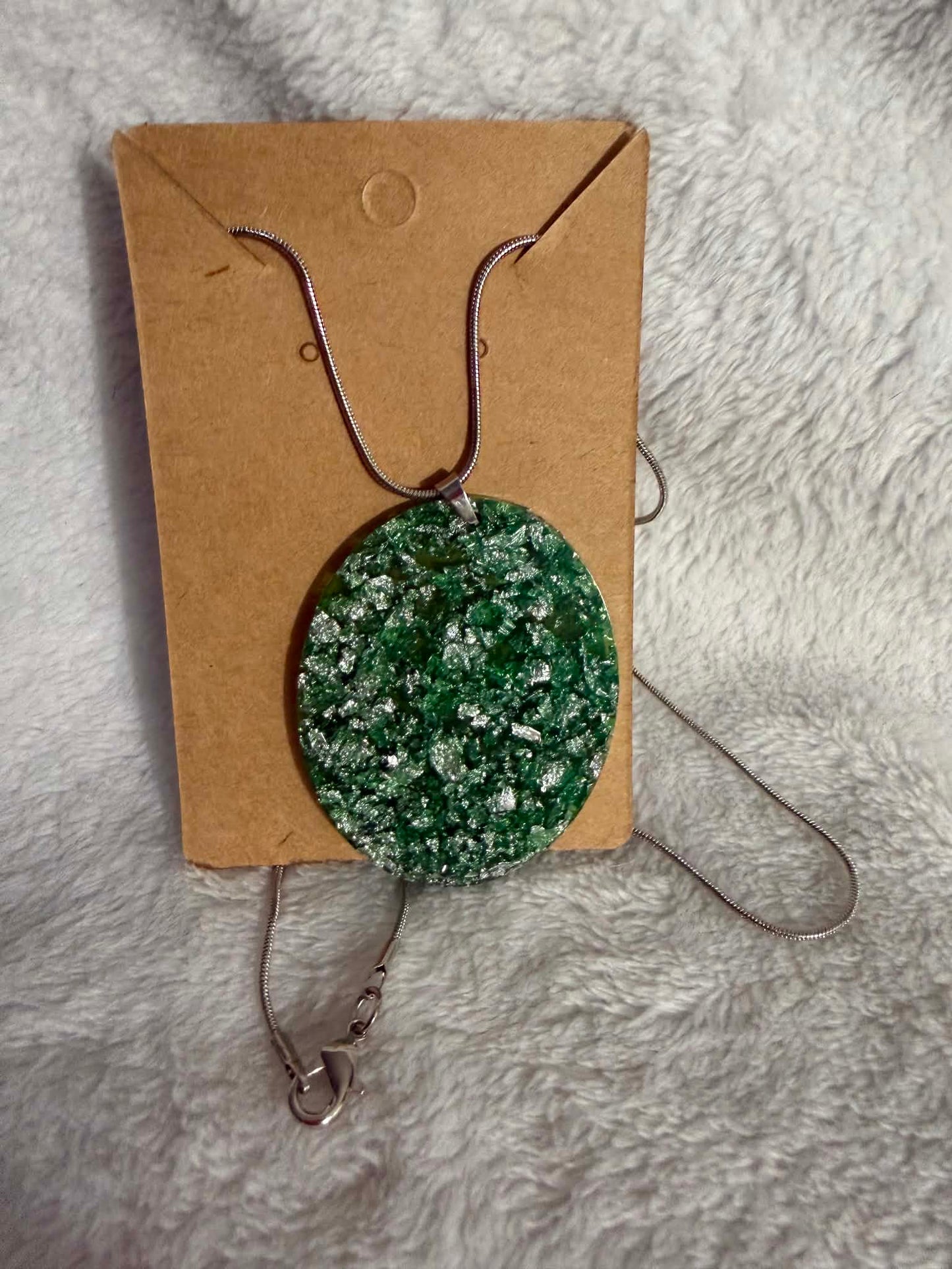 Emerald Green & Silver Foil Oval Resin Pendant Necklace