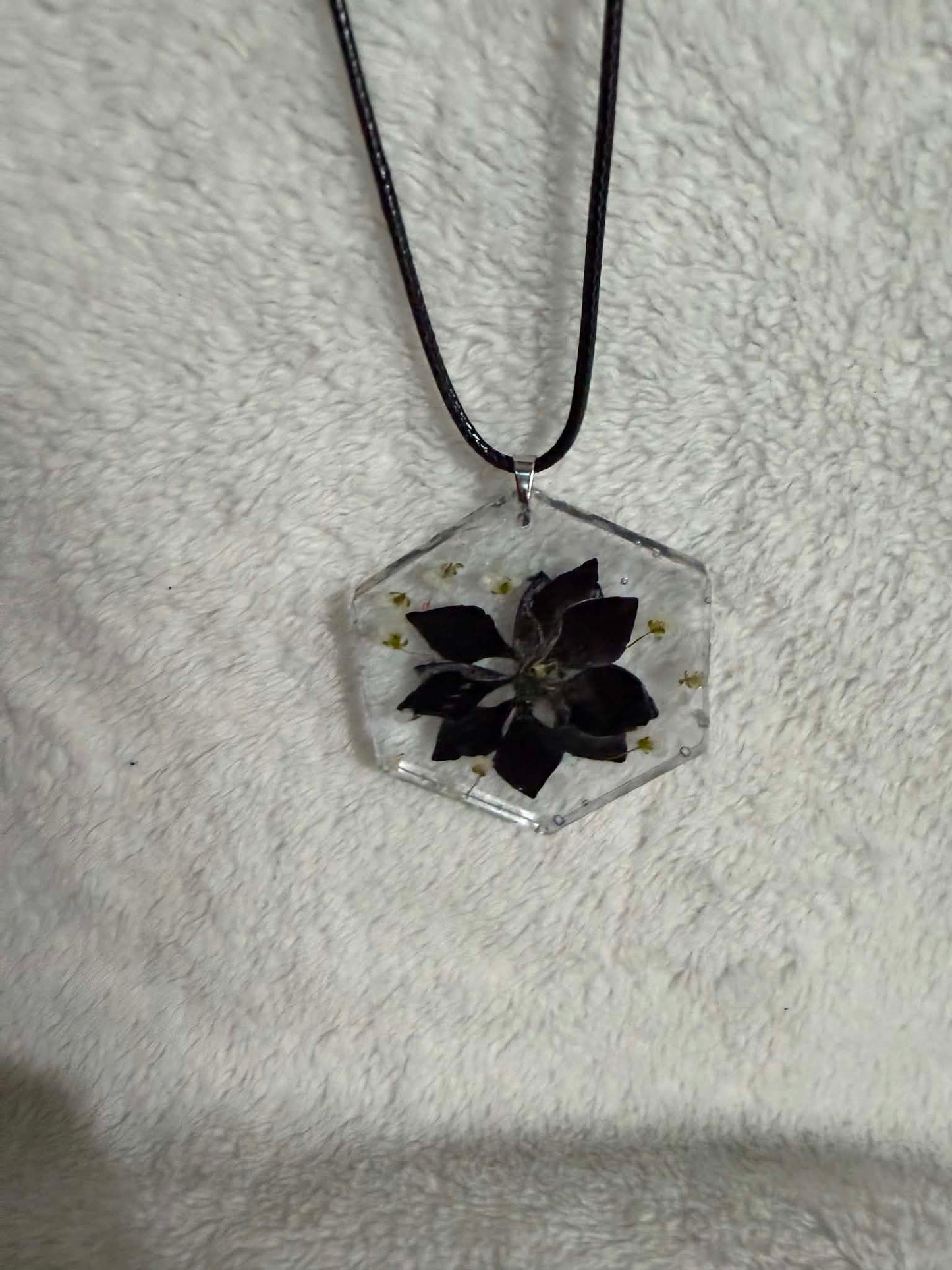 Pressed Pansy Resin Hexagon Pendant Necklace