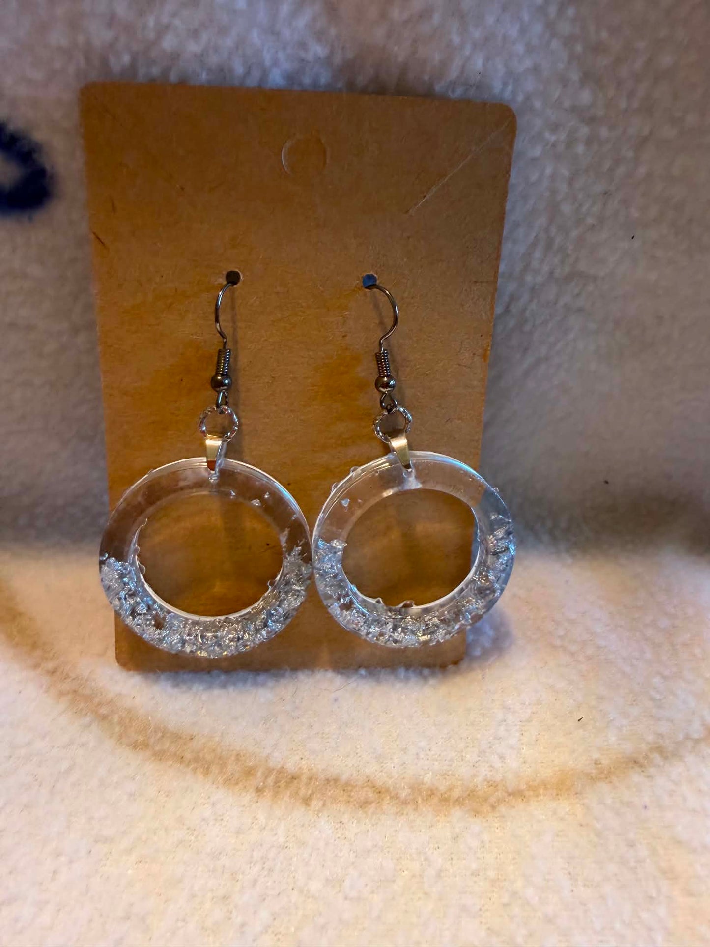 Medium Clear & Silver Foil Hoop Dangle Earrings