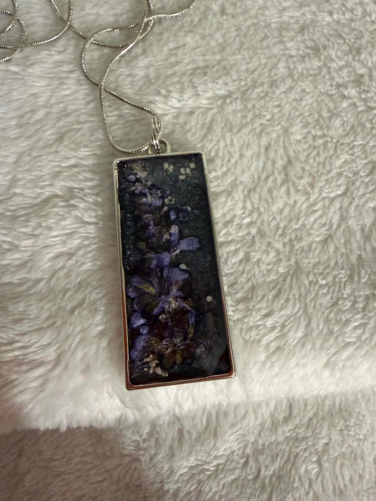 Pressed Larkspur Resin Rectangle Bezel Pendant Necklace